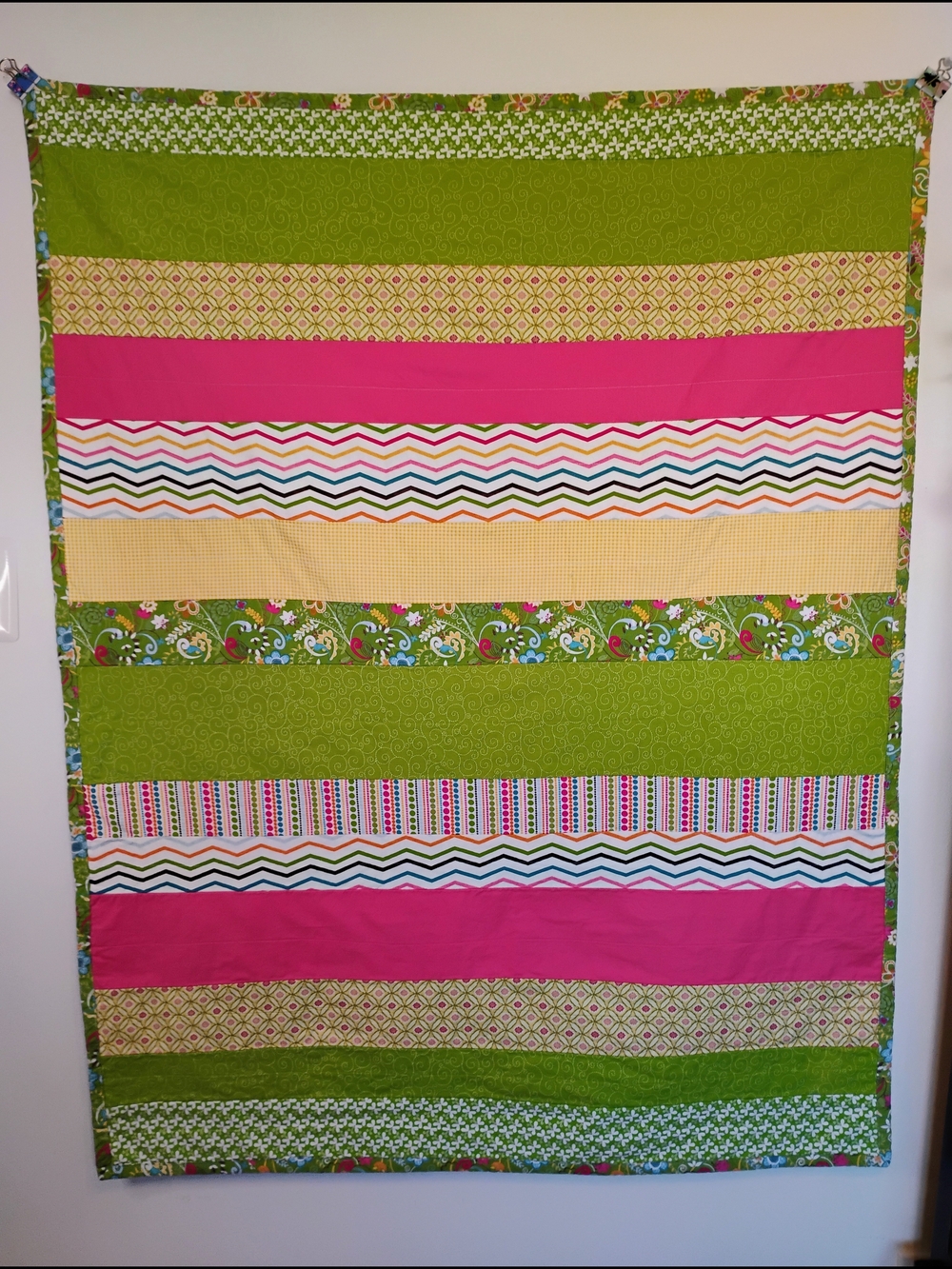 Rag Lap/ or Crib Quilt Green and Pink Colorful Stripe 40"W X 50"L Lightweight